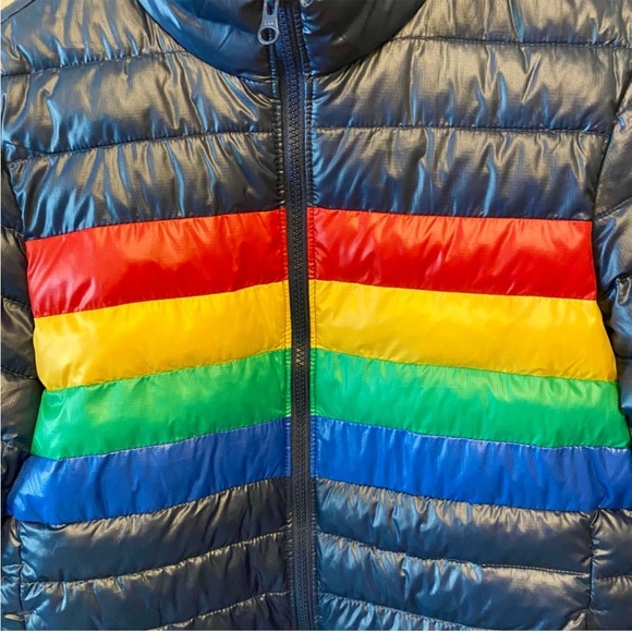 Primary Rainbow Bright Stripe Lightweight Puffer Navy Jacket, Womens size Medium - Picture 5 of 11